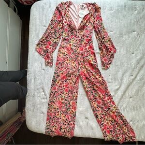 Boohoo Pink and Red Floral Jumpsuit with Bell Sleeves Size 4 new